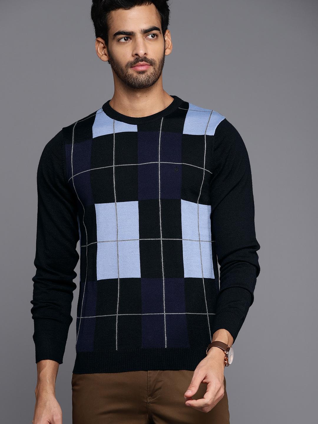 louis philippe men navy blue & white checked pullover