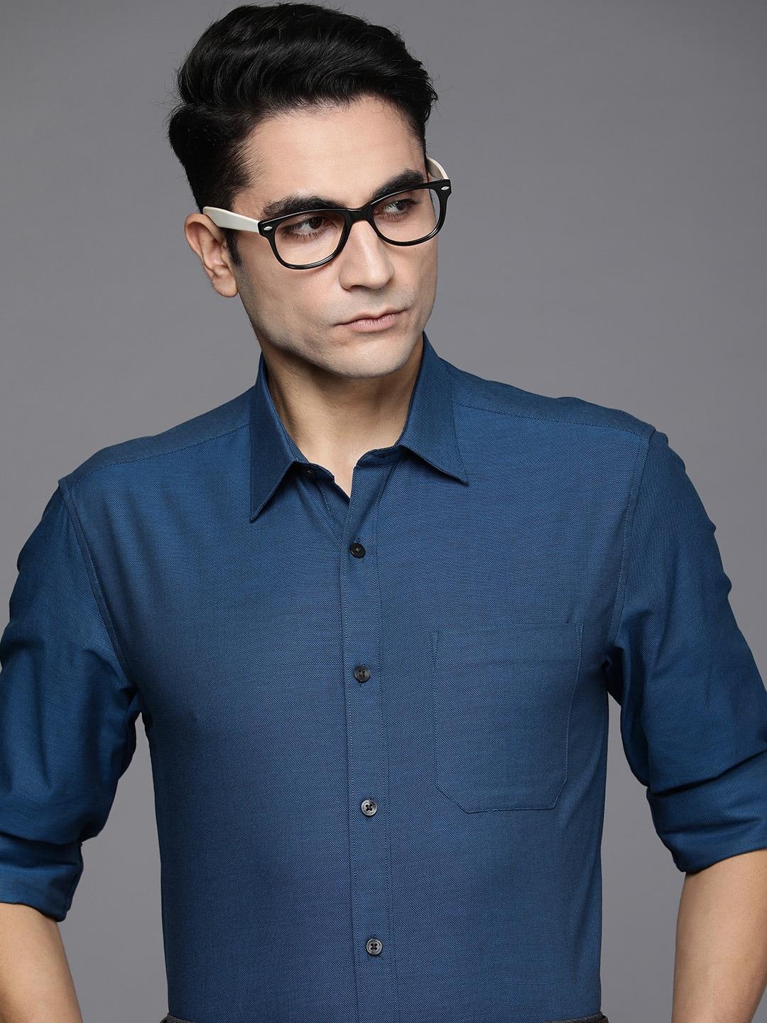 louis philippe men navy blue self design textured slim fit pure cotton formal shirt