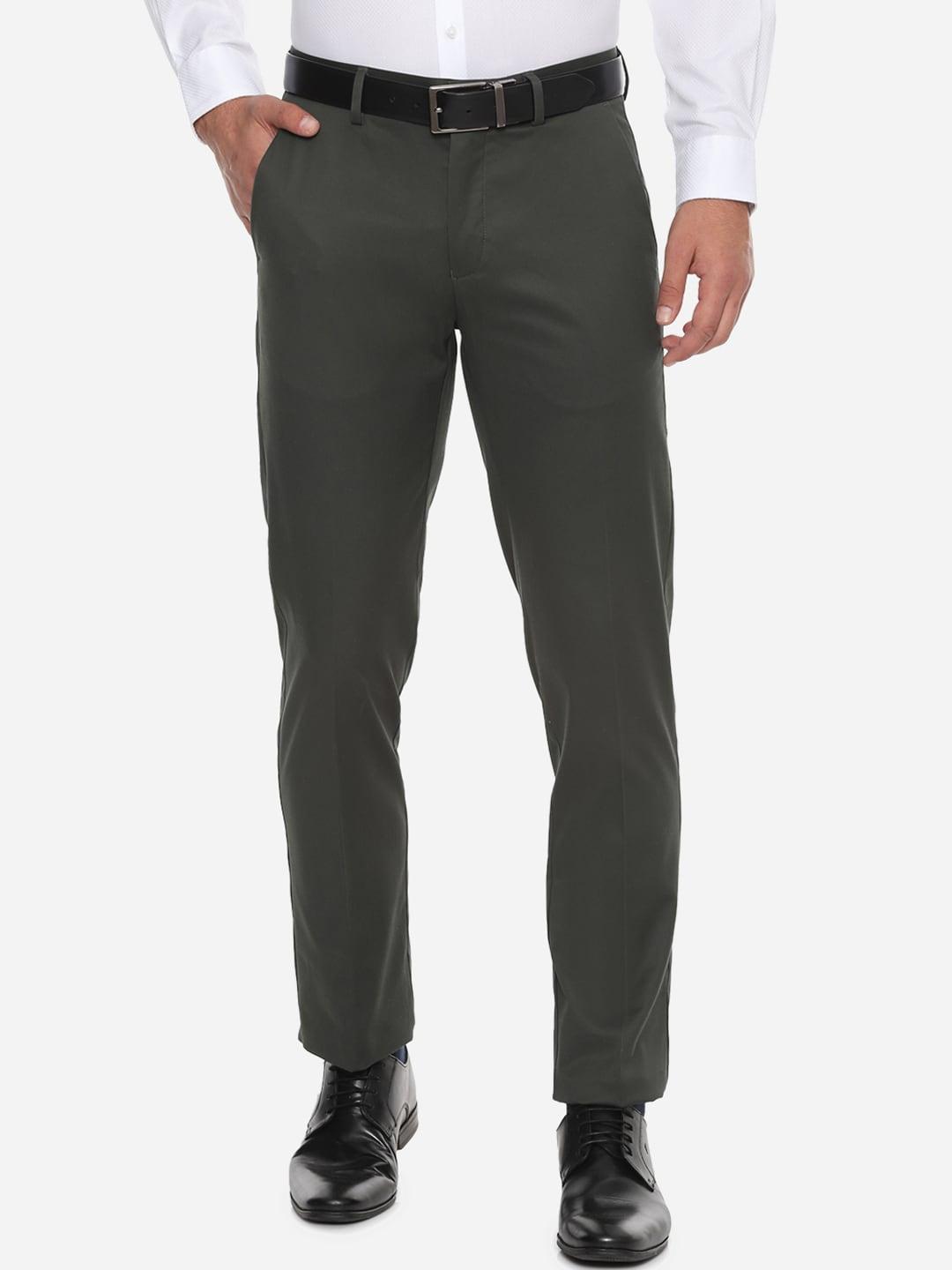 louis philippe men olive green slim fit solid formal trousers