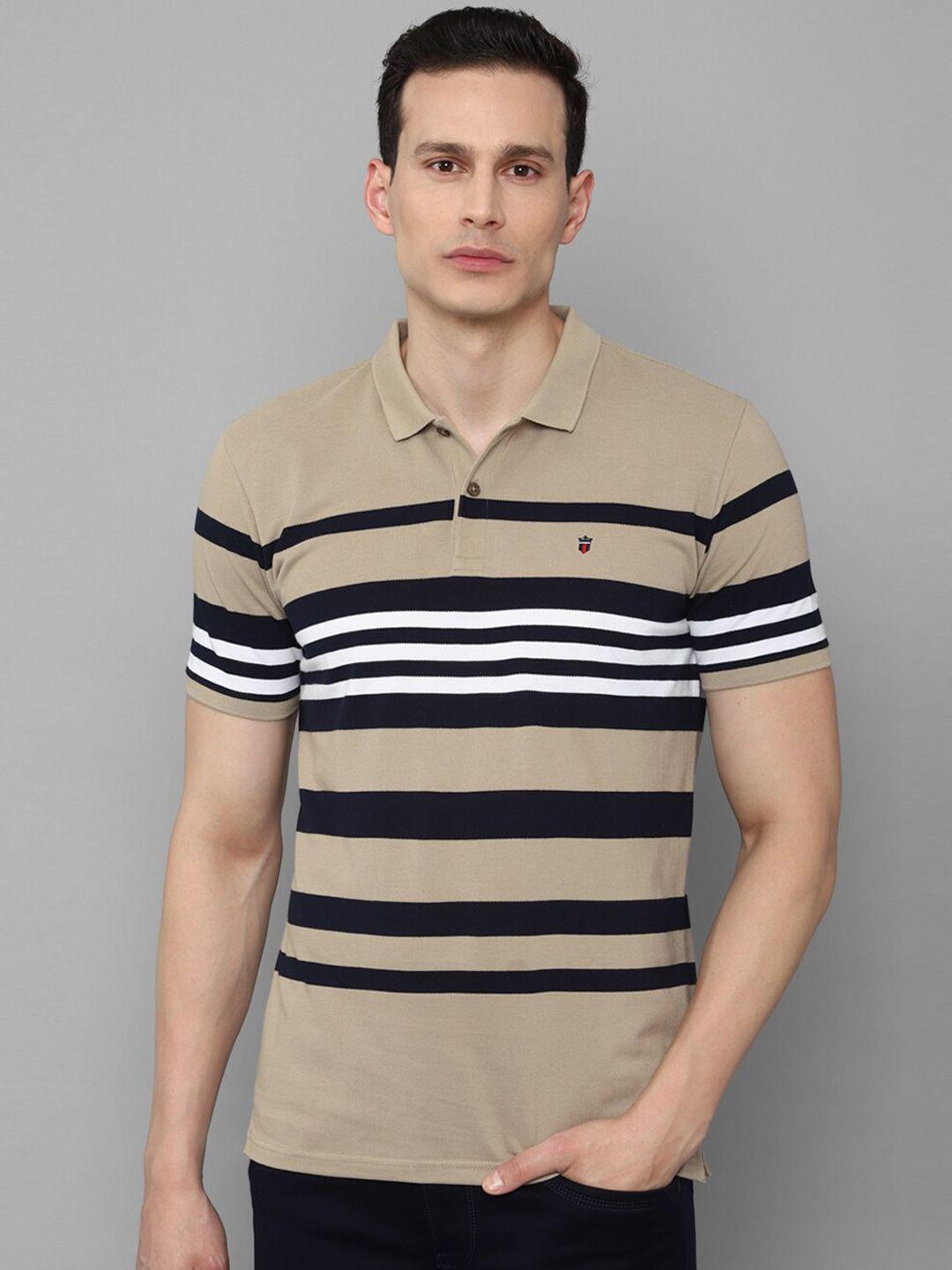 louis philippe sport men khaki & black striped polo collar slim fit cotton t-shirt