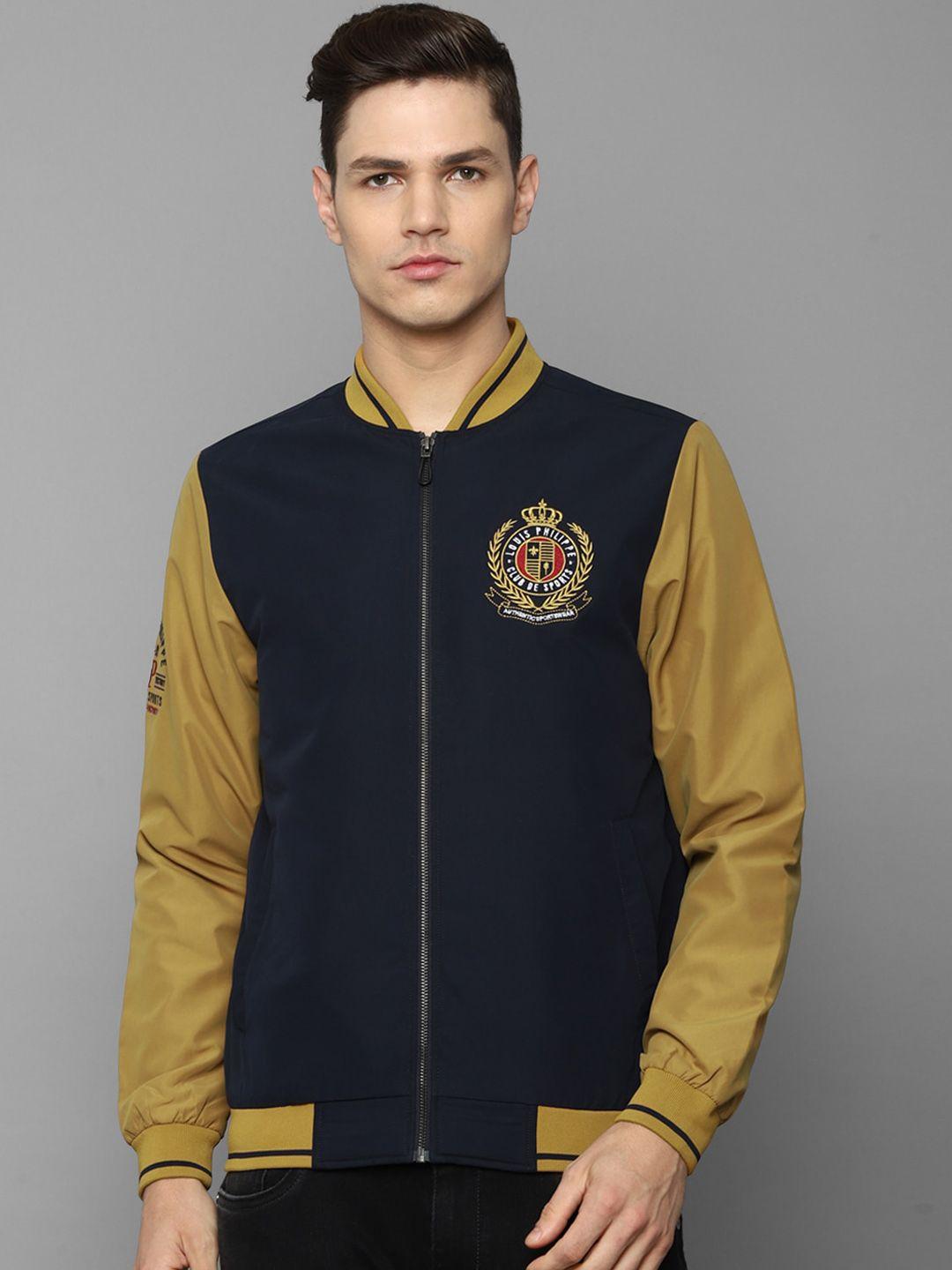 louis philippe sport men navy blue floral colourblocked bomber with embroidered jacket
