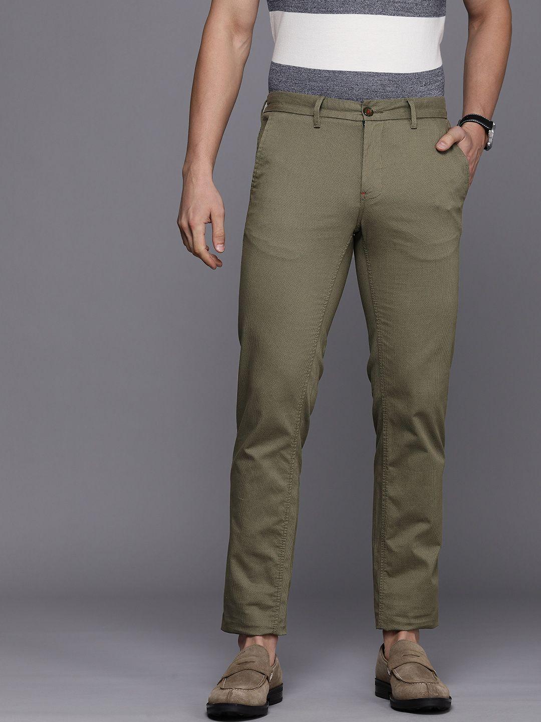 louis philippe sport men olive green printed slim fit trousers