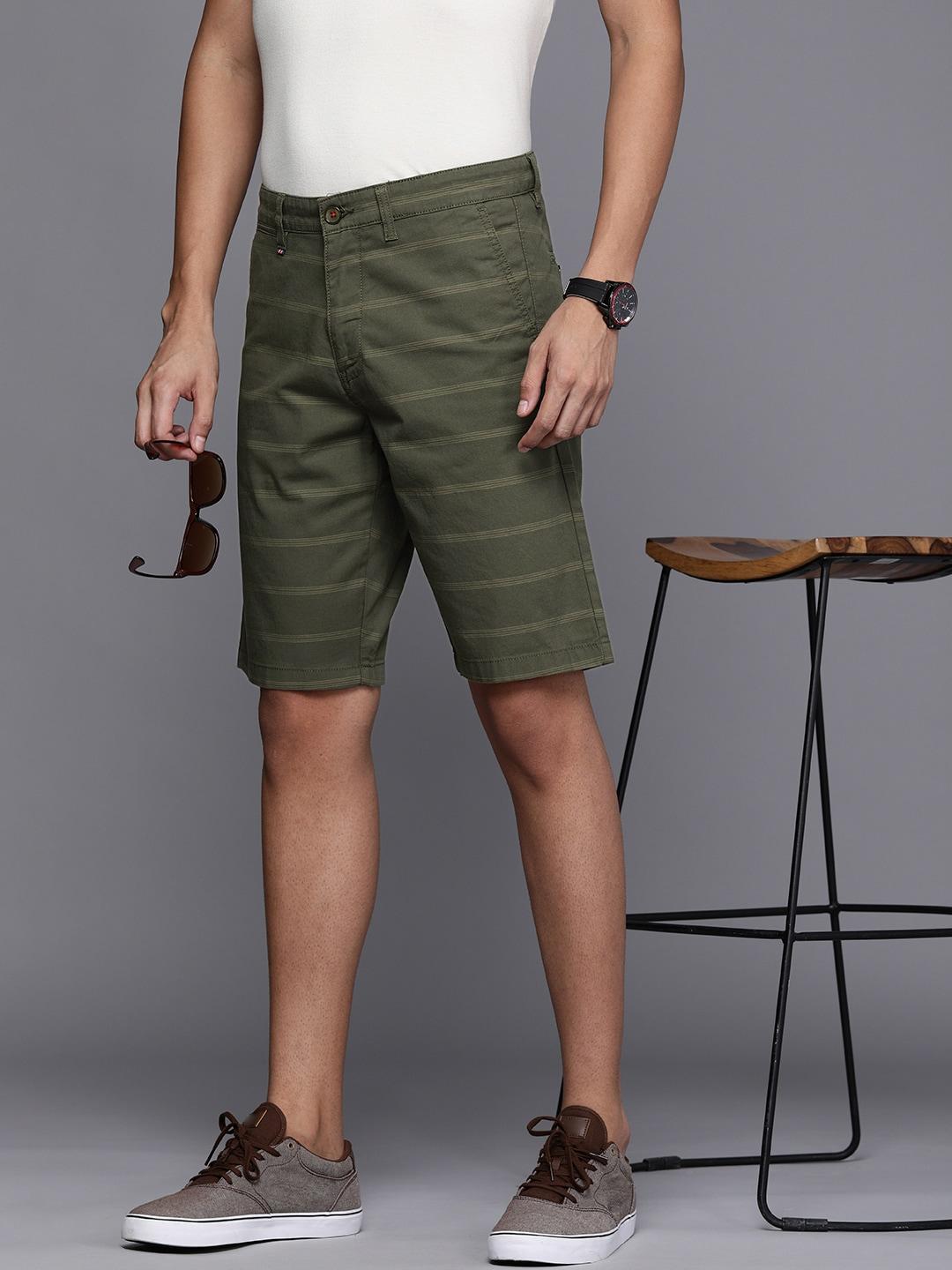louis philippe sport men olive green striped slim fit shorts