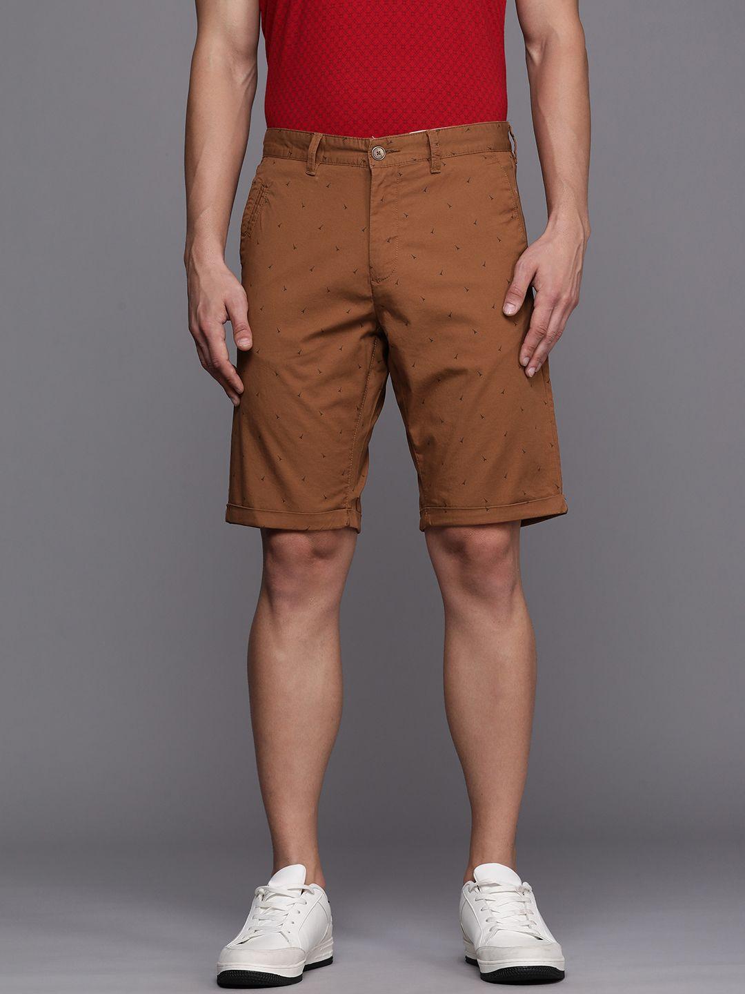 louis philippe sport men tan- coloured & black conversational printed slim fit shorts