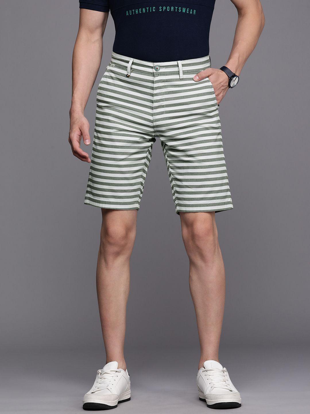 louis philippe sport men white & olive green striped slim fit shorts