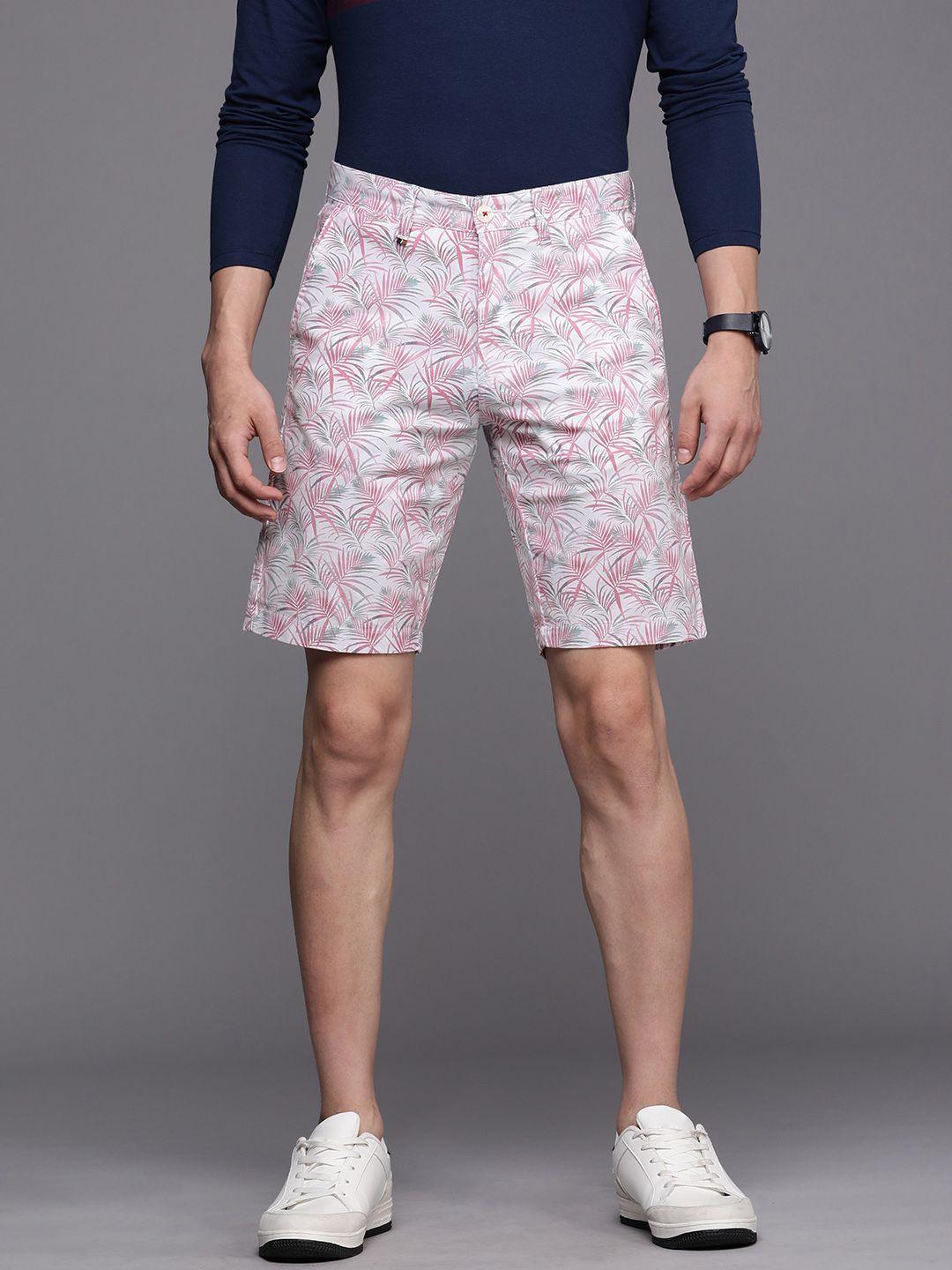 louis philippe sport men white & pink tropical printed slim fit shorts