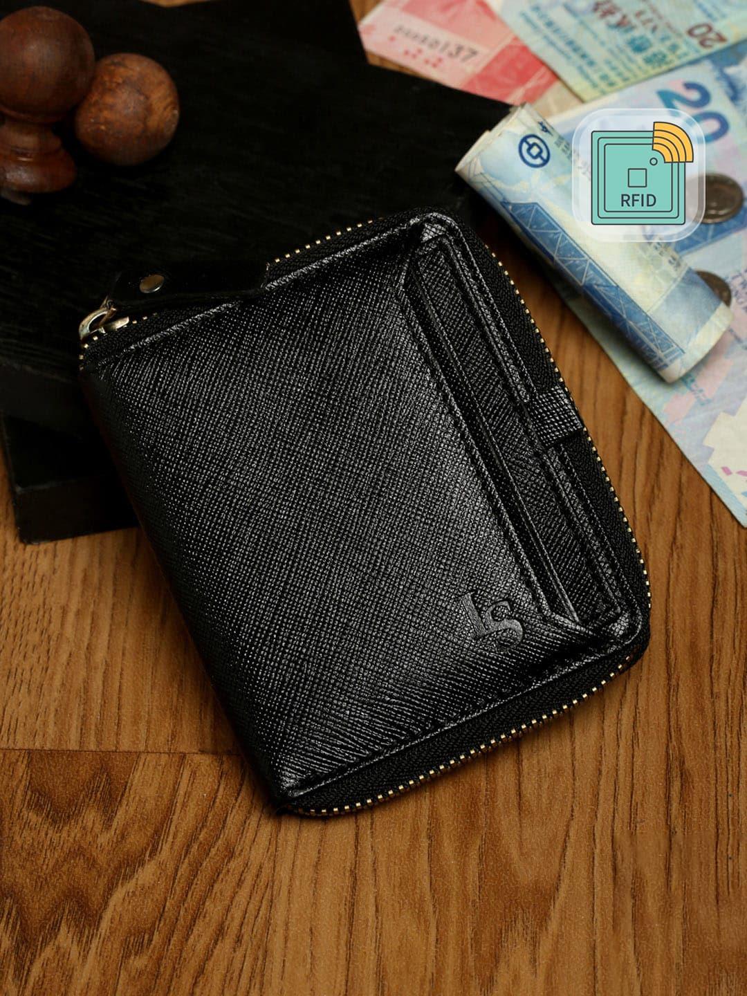 louis stitch men black & beige zip detail leather zip around wallet