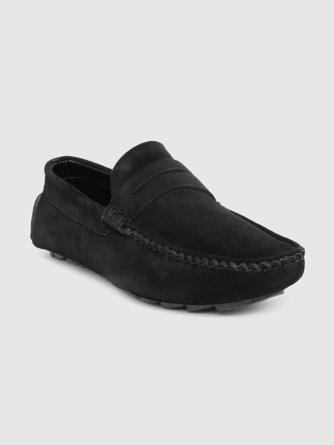 louis stitch men black solid handmade suede penny loafers