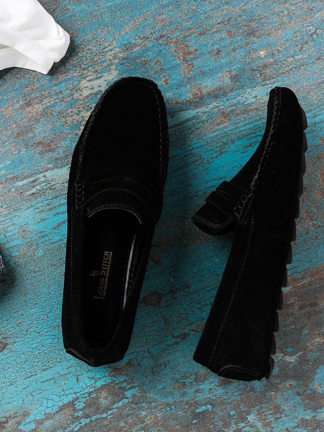 louis stitch men black woven design suede loafers