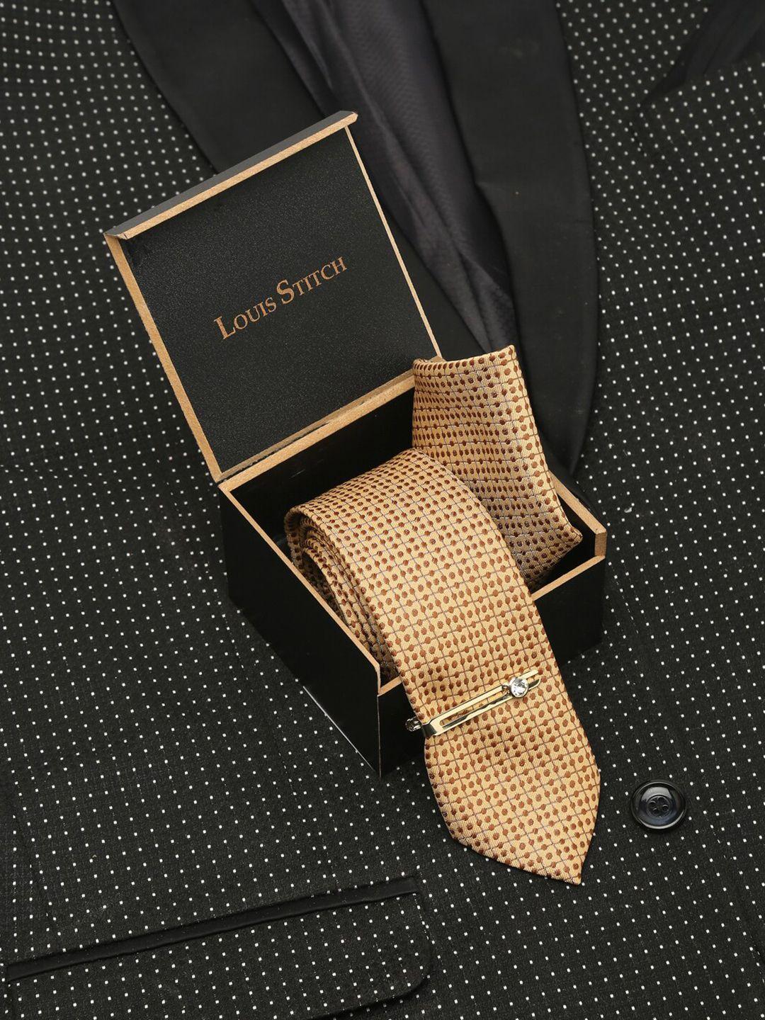 louis stitch men cream coloured woven design silk broad tie set