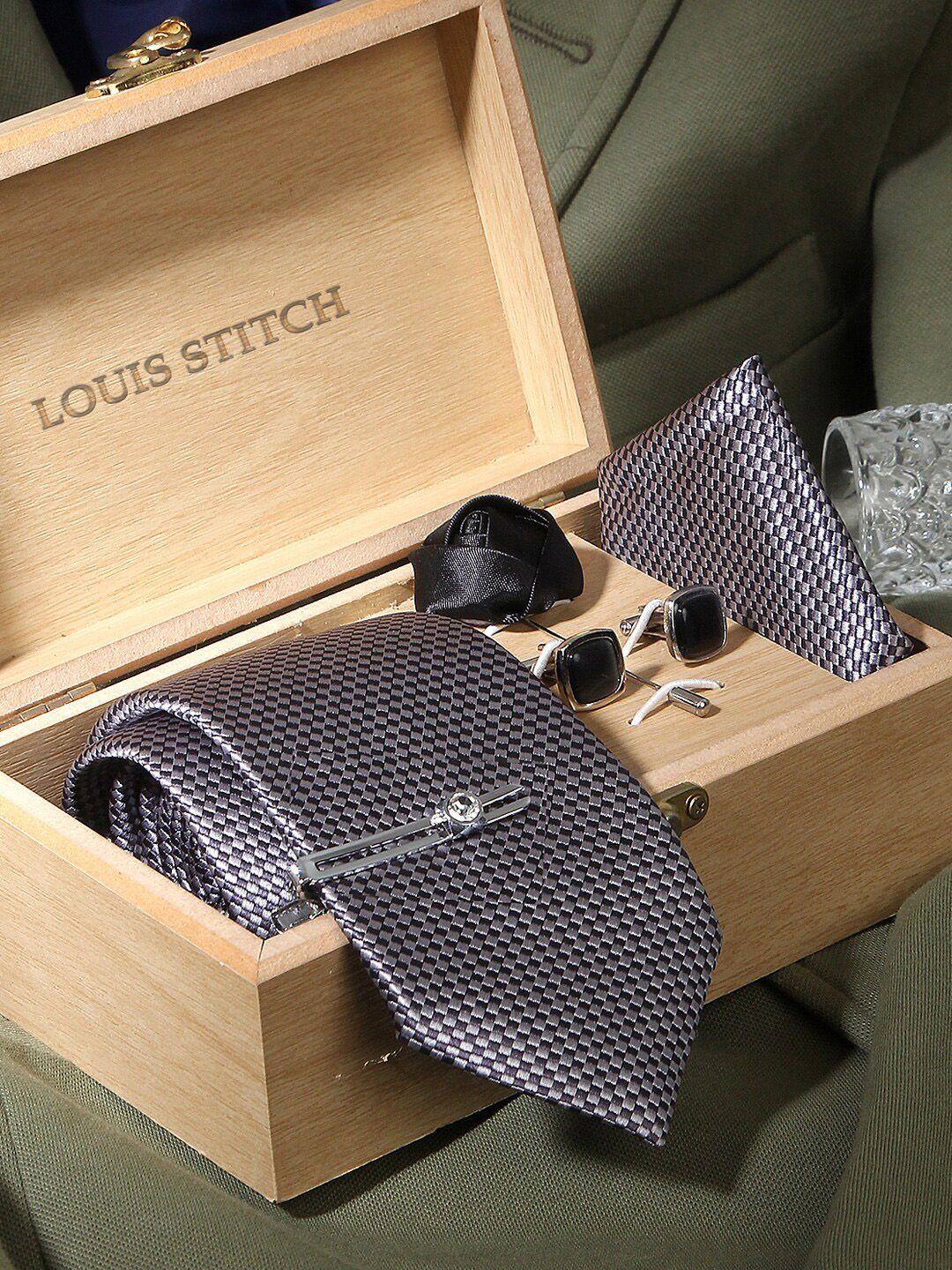louis stitch men grey & white silk accessory gift set
