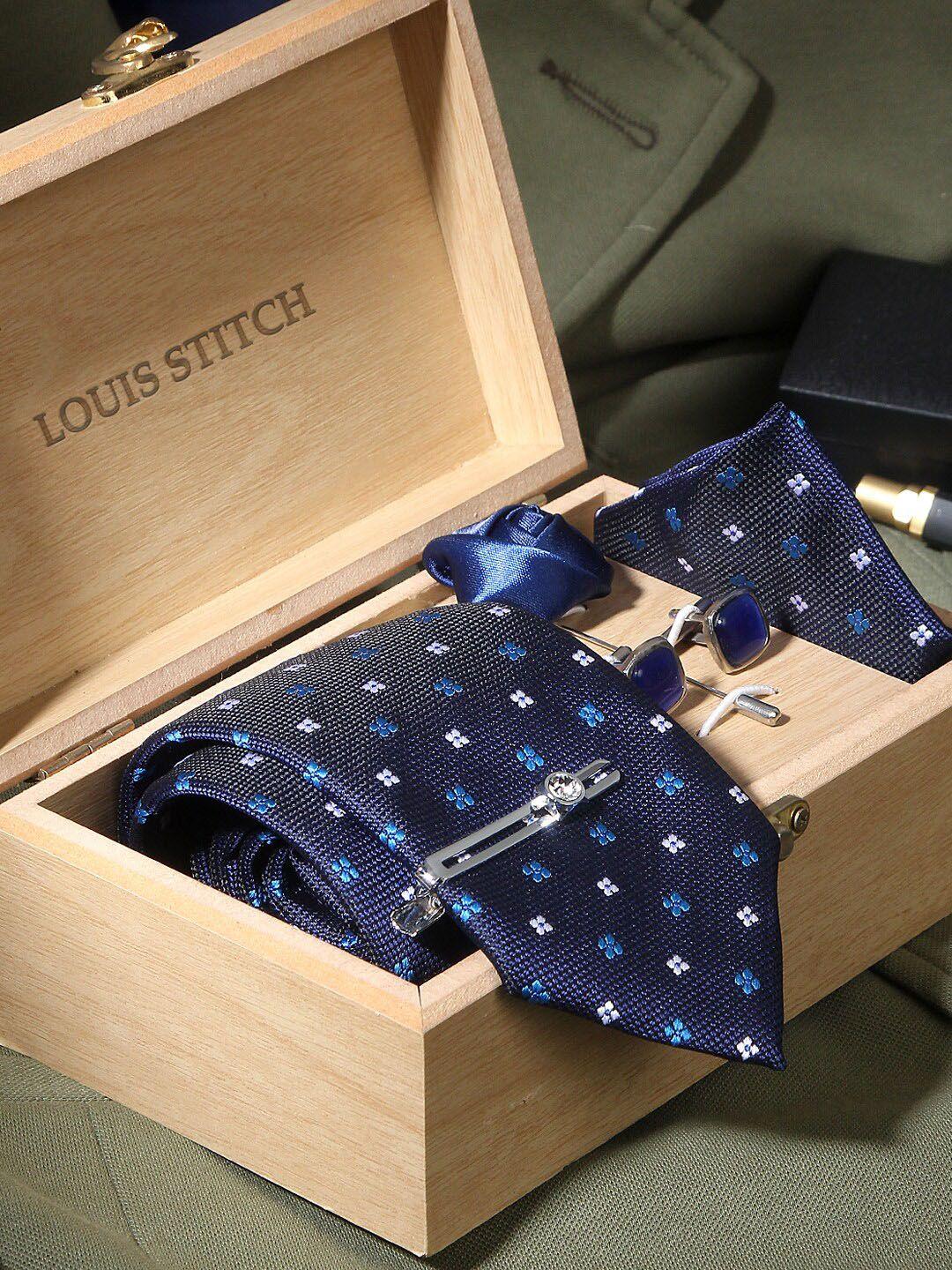 louis stitch men navy blue & white silk accessory gift set