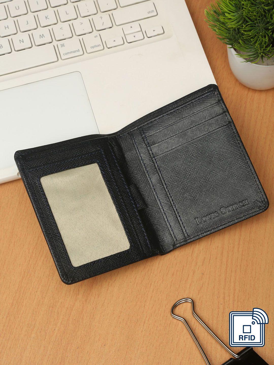 louis stitch men navy blue leather two fold rfid wallet