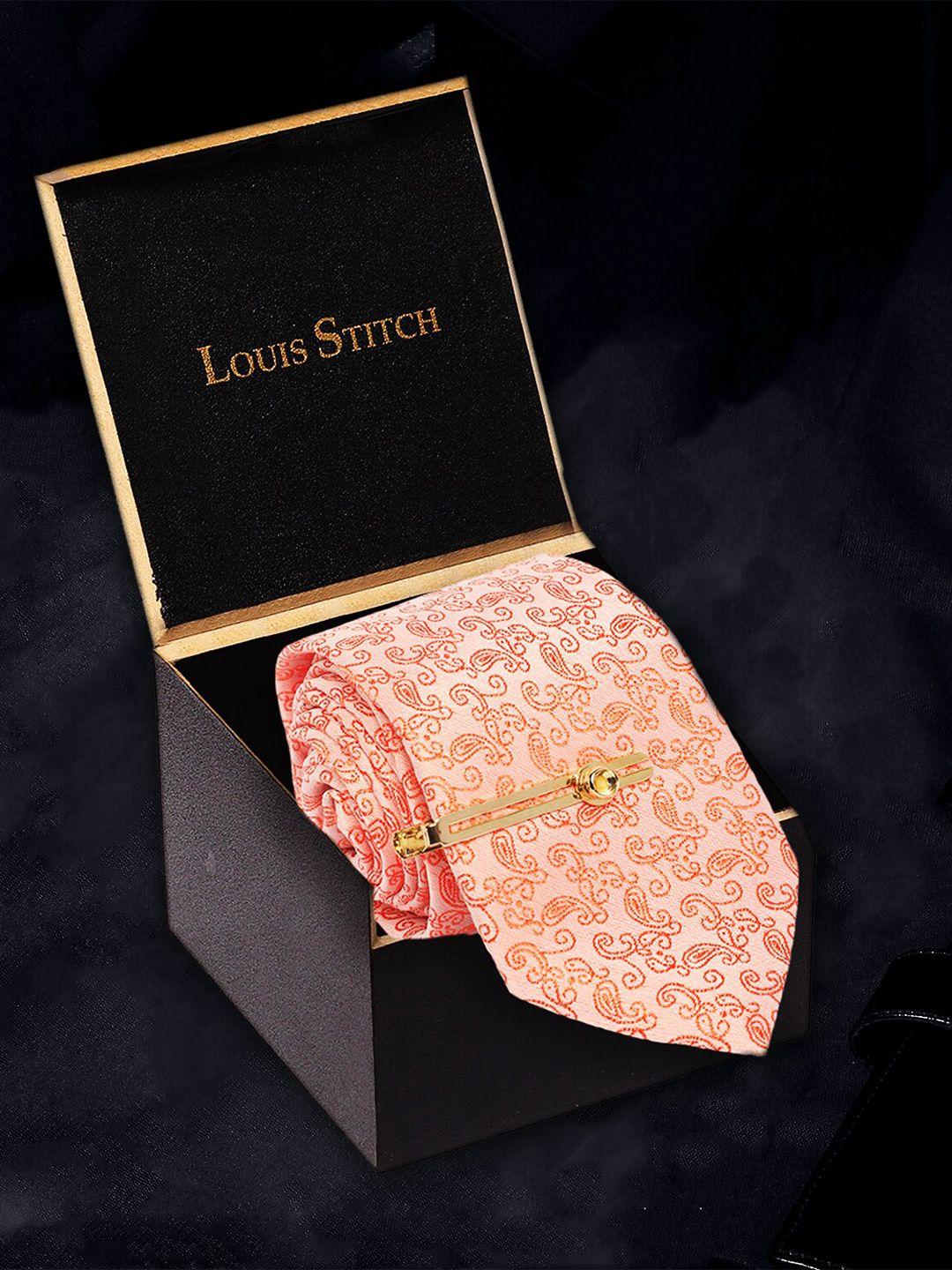 louis stitch men peach-coloured printed broad tie