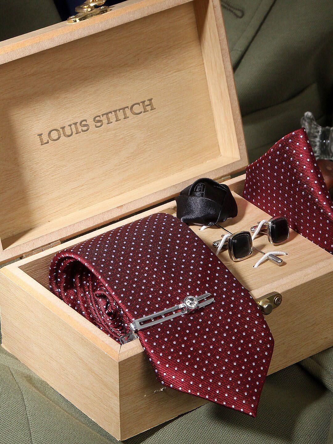 louis stitch men red & white printed silk accessory gift set
