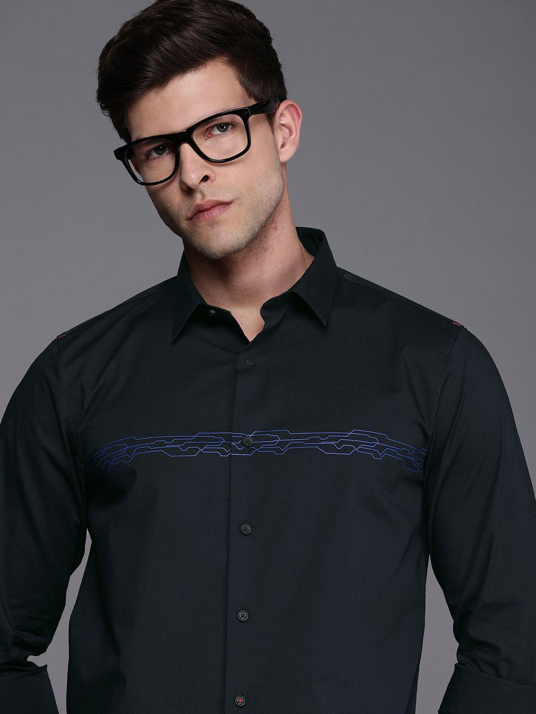 louis philippe ath work men black slim fit casual shirt with graphic striped detail