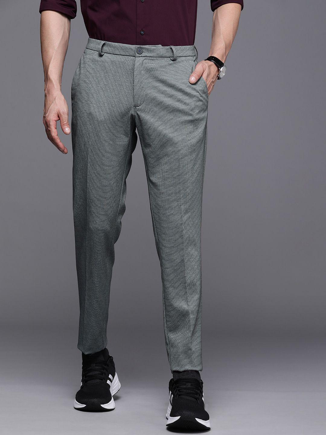 louis philippe ath work men grey self design textured tapered fit regular trousers