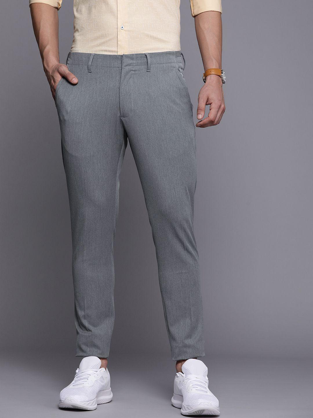 louis philippe ath work men grey solid comfy tapered  fit trousers