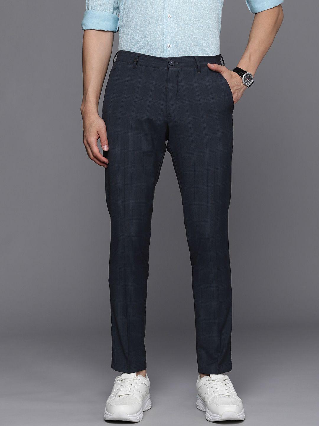 louis philippe ath work men navy blue checked slim fit regular trousers