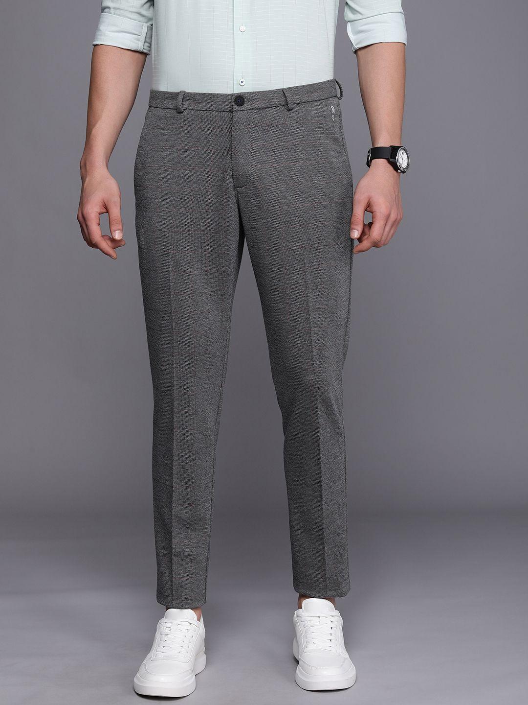 louis philippe ath. work men charcoal grey checked tapered fit trousers