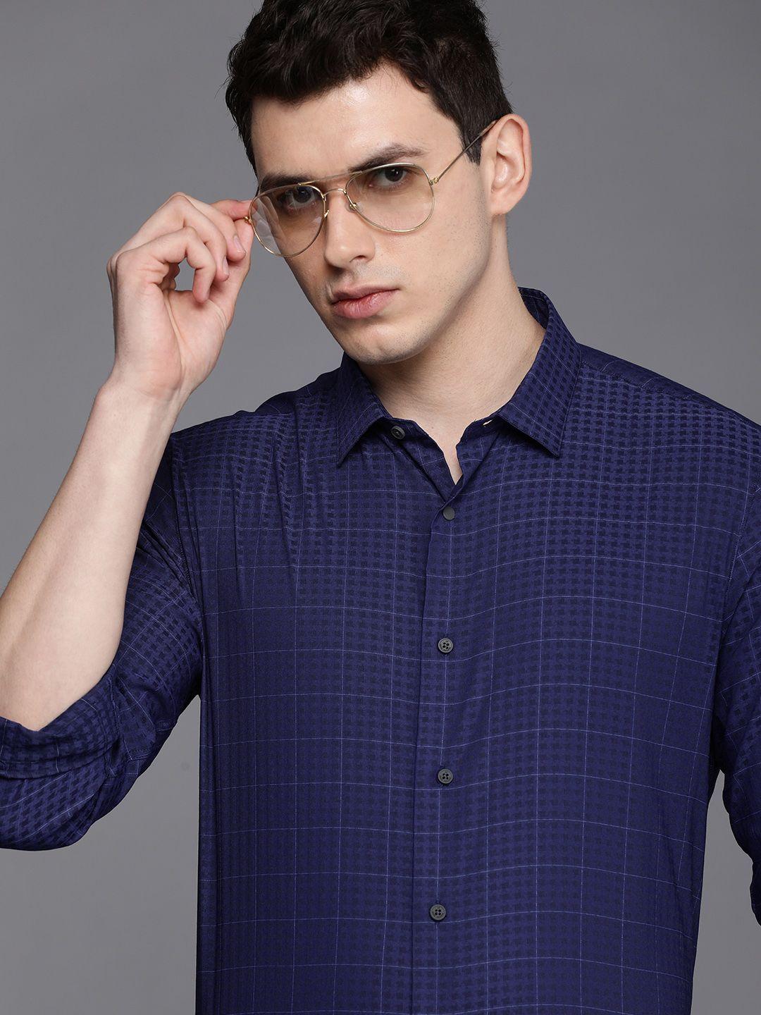 louis philippe ath.work men blue slim fit checked casual shirt