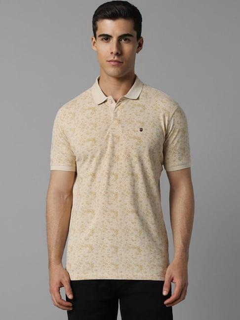 louis philippe beige cotton skinny fit floral print polo t-shirts