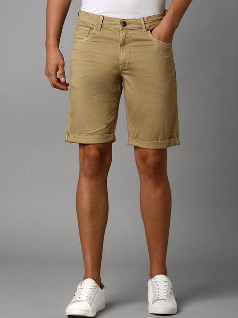 louis philippe beige cotton slim fit shorts