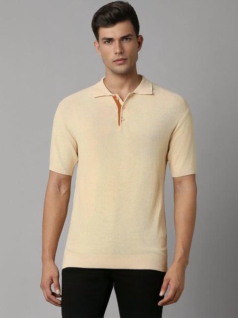 louis philippe beige regular fit self pattern polo t-shirt