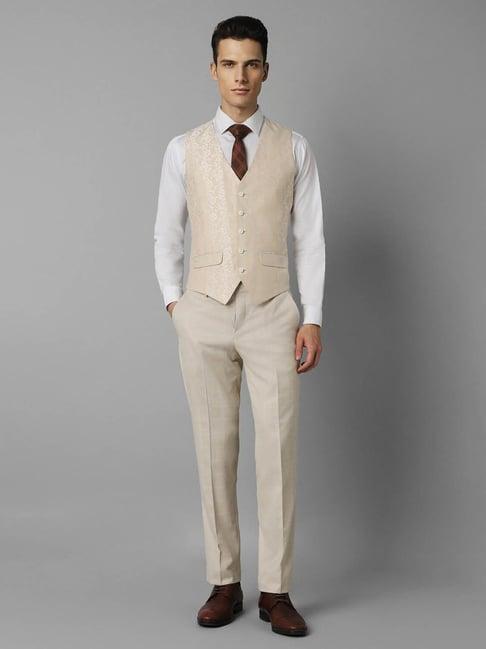 louis philippe beige slim fit checks three piece suit