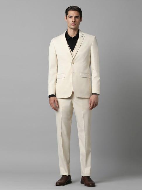 louis philippe beige slim fit texture three piece suits