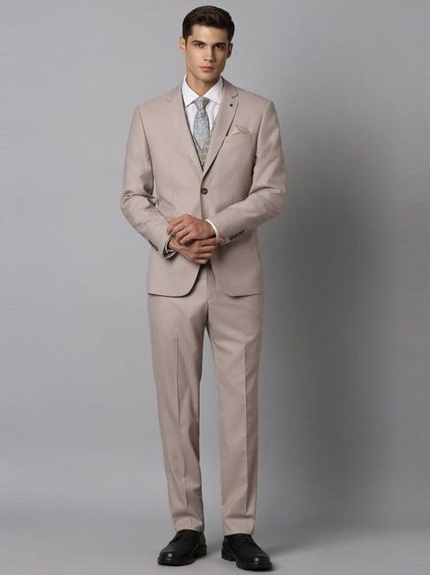 louis philippe beige slim fit textured three piece suit