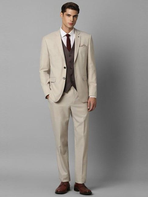 louis philippe beige slim fit textured three piece suit