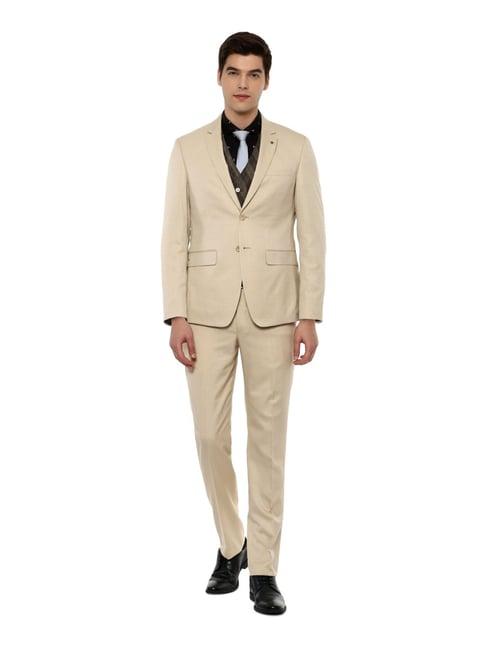 louis philippe beige slim fit three piece suit