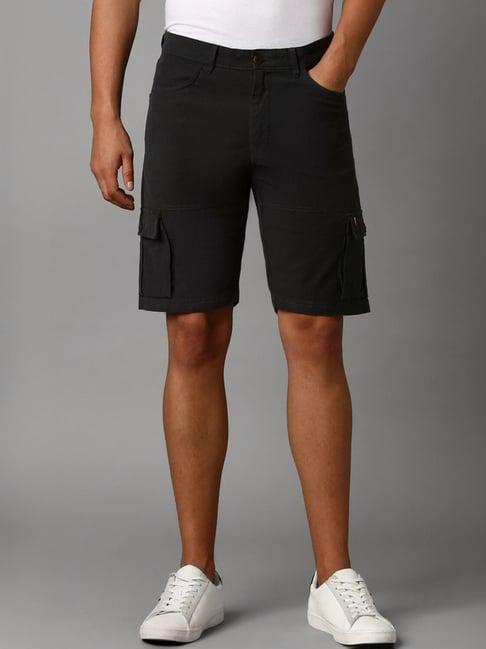 louis philippe black cotton slim fit cargo shorts