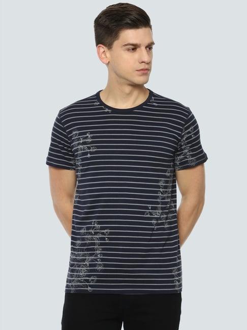 louis philippe black cotton slim fit striped t-shirt