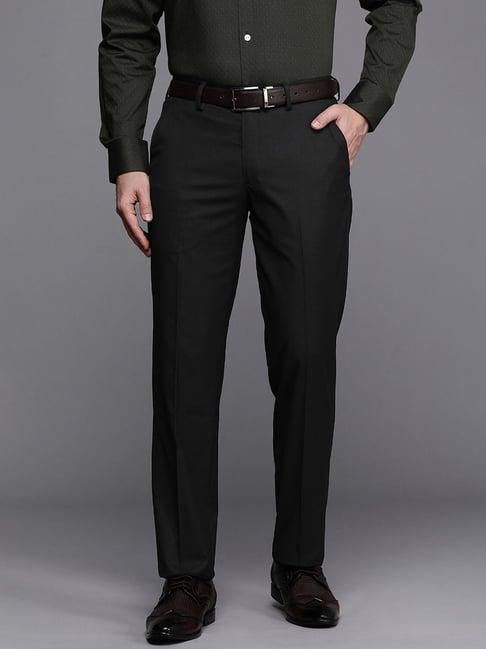 louis philippe black regular fit striped trousers