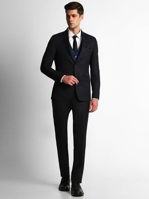 louis philippe black slim fit texture three piece suit