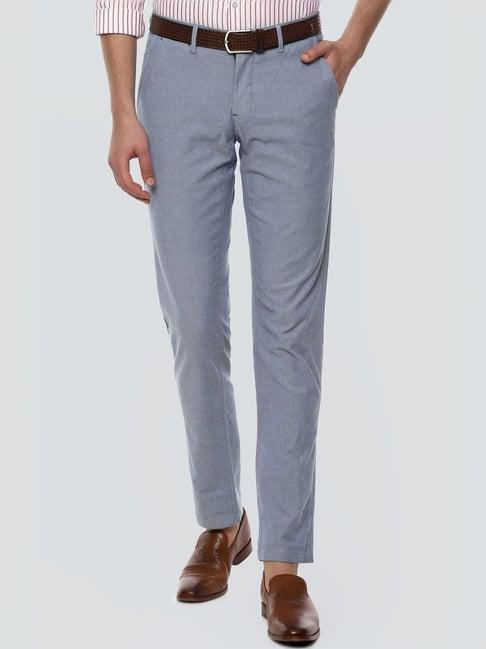 louis philippe blue cotton slim fit texture trousers