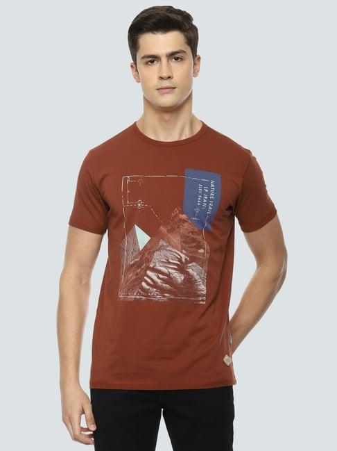louis philippe brown cotton slim fit printed t-shirt