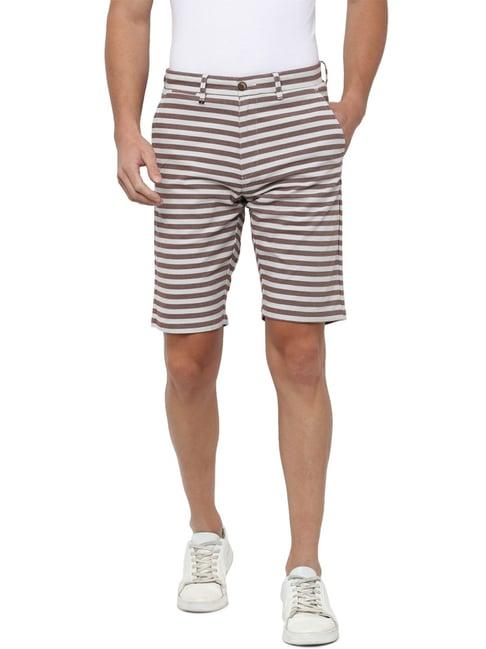 louis philippe brown cotton slim fit striped shorts