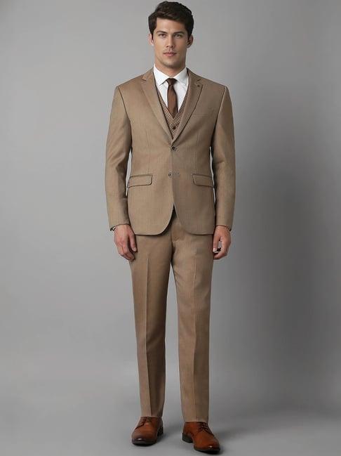 louis philippe brown slim fit checks three piece suits