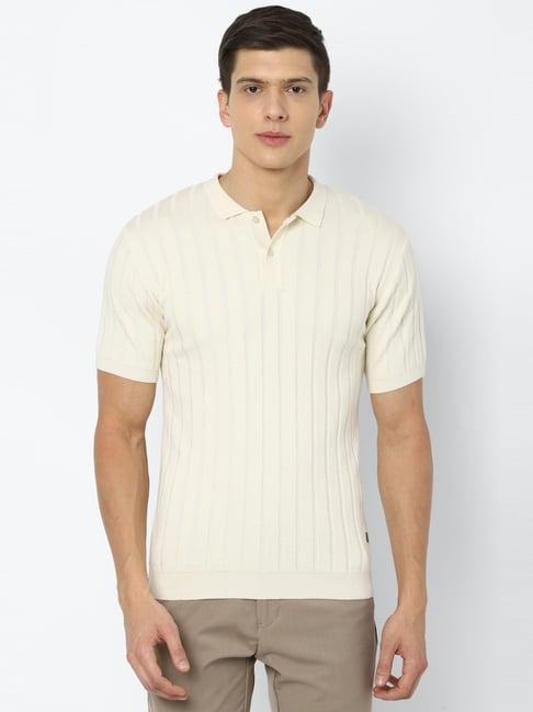 louis philippe cream cotton regular fit striped polo t-shirt
