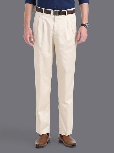 louis philippe cream cotton regular fit trousers