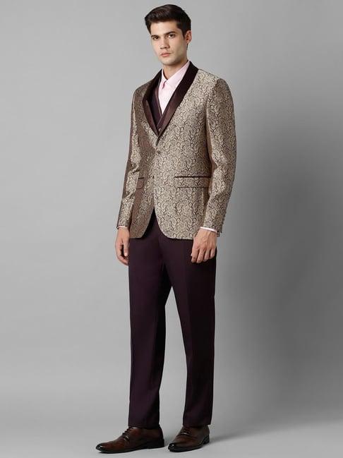 louis philippe gods & kings brown slim fit printed three piece suit