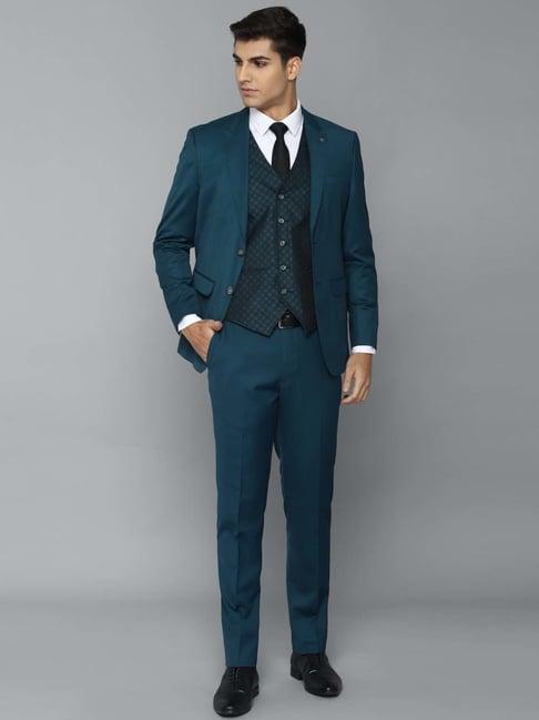 louis philippe gods & kings navy slim fit checks three piece suit