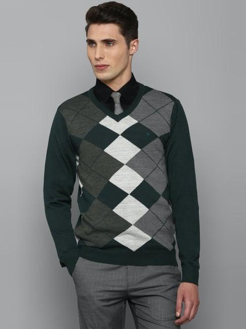 louis philippe green & grey regular fit checks sweater