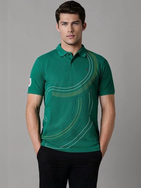 louis philippe green cotton slim fit printed polo t-shirt