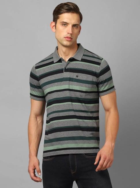 louis philippe grey cotton regular fit striped polo t-shirt