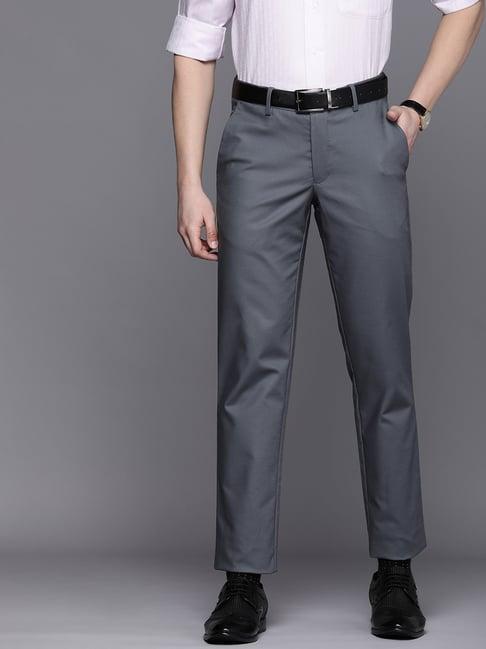 louis philippe grey cotton slim fit trousers