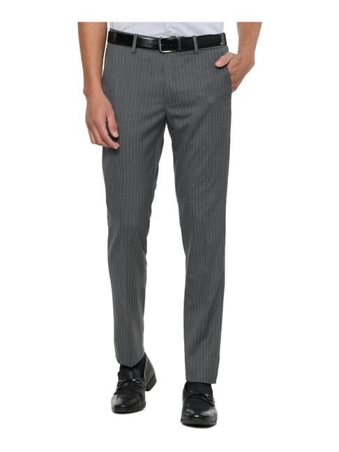 louis philippe grey slim fit striped flat front trousers